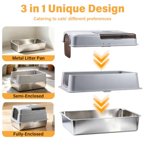 XXXL Stainless Steel Litter Box with Lid, Enclosed Metal Cat Litter Box | Extra Large Litter Boxes for Big Cat, Multiple Cats,Odor Control,Anti-Leakage, Includes Scoop & Pedal,27.75 x 19.75x 15.7 - size: XXX-Large-Enclosed