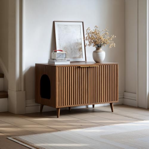 Evermagin 31.5" Cat Litter Box Enclosure Furniture with Legs | Walnut Hidden Litter Box Cabinet, Modern Indoor Cat House, Fluted Kitty End Table for Living Room, Bedroom, Entryway - color: NA Walnut