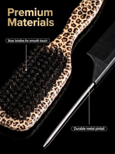 4 Pcs Hair Styling Tool Set, Detangling Brush & Rat Tail Comb, Edge Control Brush Kit, Yellow Leopard Print Hair Accessories for Flyaway Smoothing