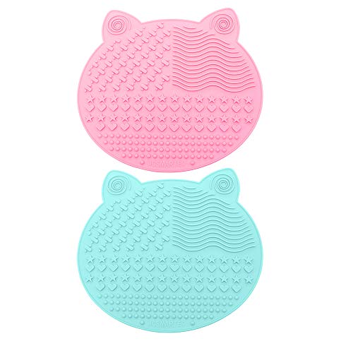 2Pack Makeup Brush Cleaning Mat, Cute Cat Ear Animal Design Silicone Brush Cleaner Pad with Suction Cups (Pink+Green) - color: Pink+Green