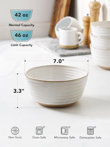 LE TAUCI Large Soup Bowl 42 oz, Ceramic Kitchen Bowl Set for Soup, Pho, Chip, Pasta, Fruits, Salad, Noodle and Ramen- 7 Inch, Set of 4, Arctic white - size: 7 inch