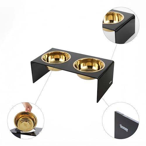 DBL2001B Keaton 7.5" Medium/Large Modern Lucite Rectangular Elevated Pet Feeder with 54oz 2-Stainless Steel Bowls, Black/Gold - color: Black/Gold, size: 54 Ounces (7.5" Cups 2-Pack)