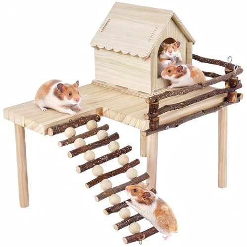 Wooden Hamster House and Platform, Hamsters Platform with Ladder, Hamster Cage Accessories, Cute Small Pets Toy for Hiding Sleeping Activities Habitat Decor