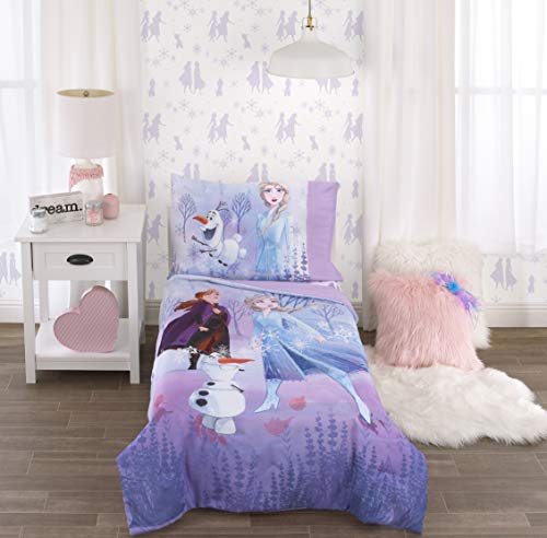 Disney Frozen 2 Lavender, Light Blue and Purple Forest Spirit 4 Piece Toddler Bed Set - Comforter, Fitted Bottom Sheet, Flat Top Sheet, Reversible Pillowcase - color: Disney Frozen 2