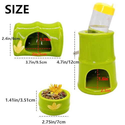 Hamiledyi Ceramic Hamster Hideout Food Bowl Water Bottle Stand Holder Dispenser Syrian House and Habitats Hide Hut Bed Cage Accessories Decor for Mice Dwarf Hamster Gerbil Rat