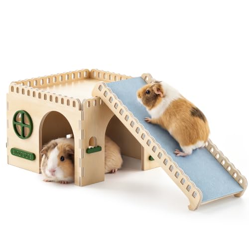 BUCATSTATE Large Wooden Guinea Pig Hideout, Pet Habitat Decor. | Natural wood hideout for guinea pigs & hedgehogs. Easy tool-free assembly, safe for chewing, and sturdy castle design.