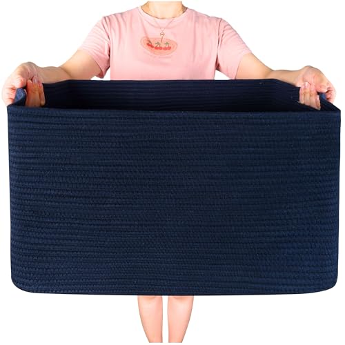 22in Extra Large Blanket Basket Holder Living Room, Rectangle Rope Woven Storage Basket with Handles for Laundry, Pool Towels, and Shoes, Dog Toy Organizer Bin Box, Full Navy - color: Full Navy Blue