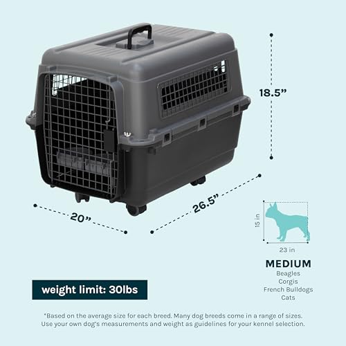 SportPet Airline Compliant MEDIUM 26.5" Travel Dog Kennel-Durable Plastic Airline Pet Carrier w/ Removable Wheels & Food Bowls, Collapsible Indoor/Outdoor Dog Kennel, Dogs up to 23"L & 15"H-Dark Gray - color: Dark Gray