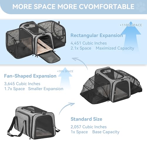 Petsfit 17" x 11" x 11" Airline-Approved Expandable Pet Carrier, 2X Square Expansion Reduces Pet Anxiety, Escape-Proof Self-Locking Zippers, 5 Easy-Access Entrances, for Cats & Small Dogs up to 15 lbs - color: Gray, size: 17.0"L x 11.0"W x 11.0"H