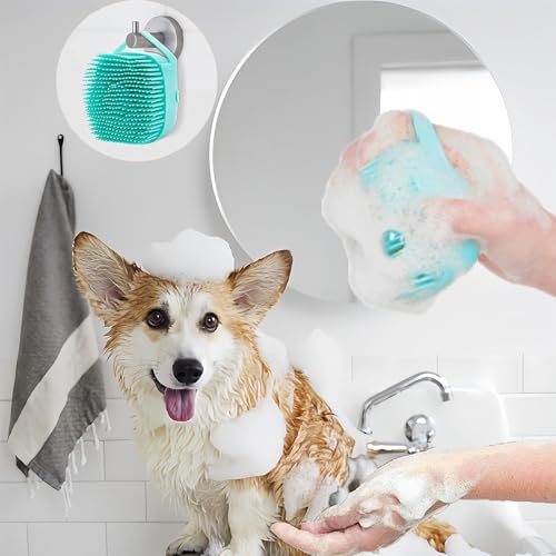 Pet Bath Scrubber Brush, Dog Grooming Massage Shampoo Bath Brush with Soap and Shampoo Dispenser Soft Silicone Bristle for Long Short Haired Dogs Cats Shower (Blue)