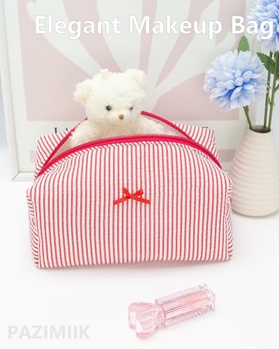 PAZIMIIK Cozy Makeup Bag for Women,Zipper Cosmetic Pouch,Stripe Red | Soft Cosmetic Organizer for Makeup,Skincare,Toiletries,Daily Beauty Essentials,Purse,On-the-Go,Bridesmaid Gifts - color: Stripe Red