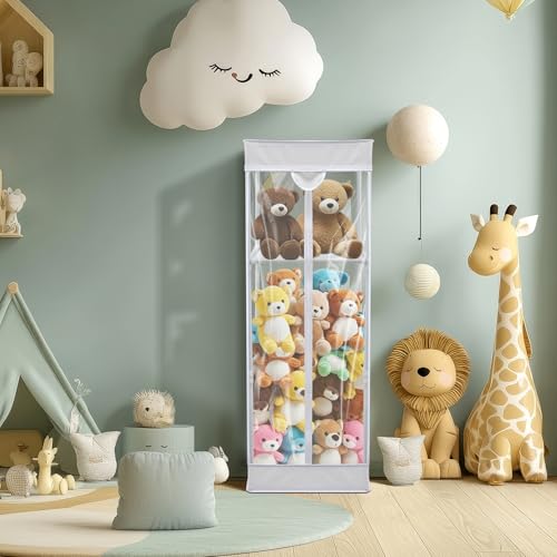 Colingmill 2-tier Plush 47 In Vertical Toy Stuffed Animal Storage Organizer Holder Cage Bin with PVC Waterproof and Dust Cover Zippered Stuffed Animal Organizer Playroom Nursery Kindergarten(White)