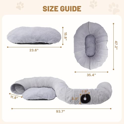 Extra Large Cat Tunnel, 47.2in Multi-Cat Family Big Cat Tunnel for Cats | Long Cat Tunnel Bed with Washable Plush Mat, XXL Pet Play Tunnel Toy for Cats, Puppy, Rabbits Grey - color: Grey, size: Large
