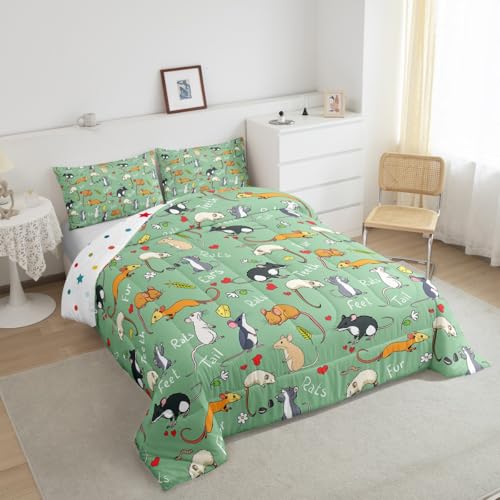 Erosebridal Kids Rat Comforter Set, Mouse Rodents Bedding Set King Size, Funny Animal Love Heart Duvet Sets for Boys Girls Children Bedroom, Cartoon Style Duvet Insert Decorative Room, Green - color: Multi 34, size: King