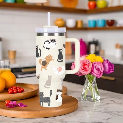 momocici 40oz Cats Tumbler with Handle Gifts for Women.Cat Lover Cups Tumbler Gifts for Women.40 oz Birthday Christmas Cat Cup Tumblers for Cats Lover. - style: Cat