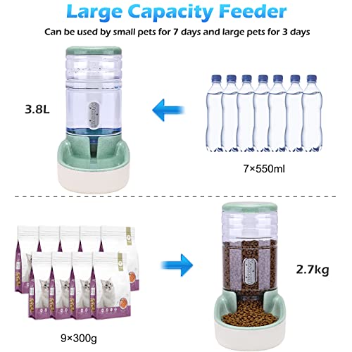 Kacoomi Automatic Dog Cat Feeder and Water Dispenser Gravity Food Feeder and Waterer Set with Pet Food Bowl for Small Medium Dog Puppy Kitten, Large Capacity 1 Gallon x 2 - color: Green