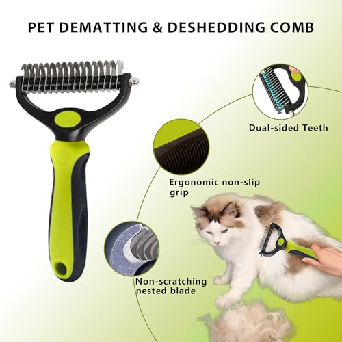 Cat Grooming Brush Kit 6 Tools - Deshedding & Dematting for Long/Short Hair, Self-Cleaning Slicker Brush with 6-in-1 Flea Comb for Cats & Kittens (Green) - color: Green