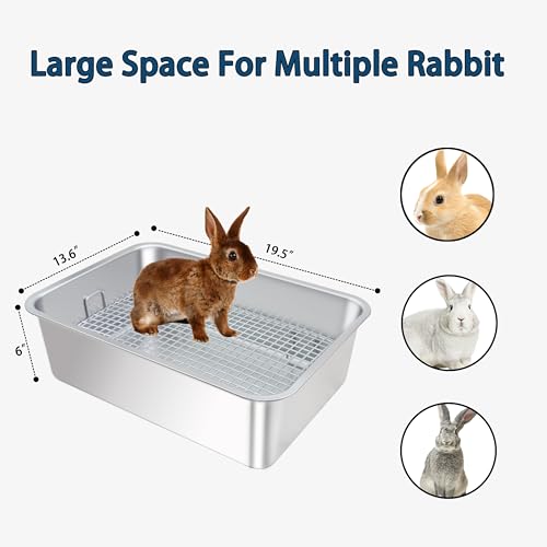 Large Stainless Steel Rabbit Litter Box,Bunny Litter Pan with Widened Grid,Toilet Tray,High Back Wall,Deep Waste Storage (Large) - size: Large