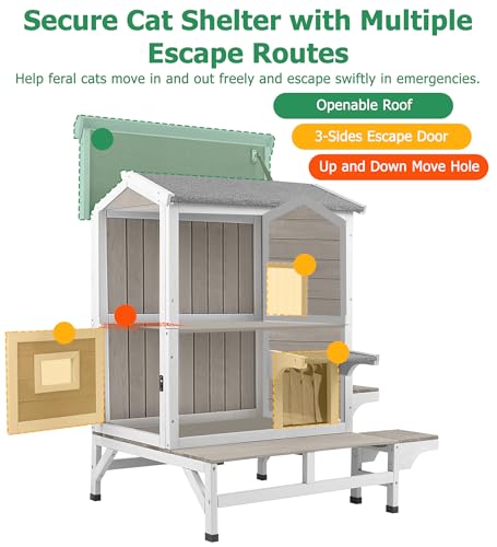 Outdoor Cat House Weatherproof Cats Shelter for Feral Kitten Pet Houses for 1-2 Small Animlas 2 Story Wooden Houses for Indoor Outdoor Cats with Escape Doors (25.5" D x 33.5" W x 39.5" H) - style: 25.5"D x 33.5"W x 39.5"H