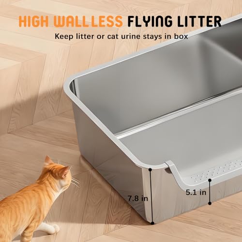 Stainless Steel Litter Box with High Sides,23.60" L X 15.7" W X 7.8" H,Extra Large Jumbo Cat Litter Box,XL Kitty Metal Liter Box for Indoor Big Cats,Non-Sticky,Anti-Leakage(Left Entry) - size: Left Entry (Long Side)