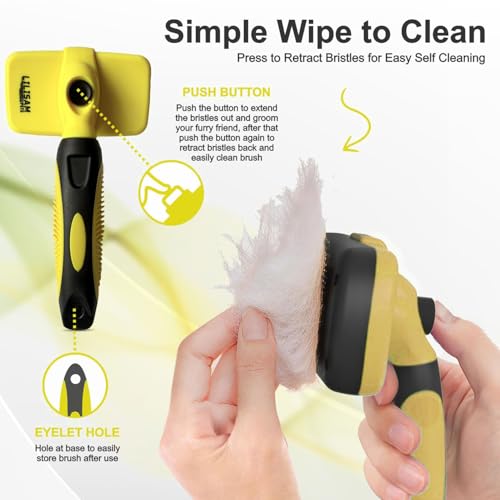 Pet Self Cleaning Slicker Brush and Grooming Comb - Gently Removes Loose Hair, Tangles, and Dirt - Skin Friendly Deshedding Grooming Tool for Hair Dogs & Cats - Pet Supplies Accessories (Yellow) - color: Yellow