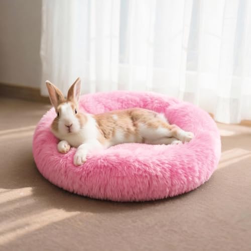 Rabbit Bed, Long Plush Donut Shaped Bunny Hideout - Bright Pink | Washable Soft Pet Bedding Mat for Guinea Pig, Kitten, Chihuahua & Small Pets for Snuggling Resting - color: Bright Pink