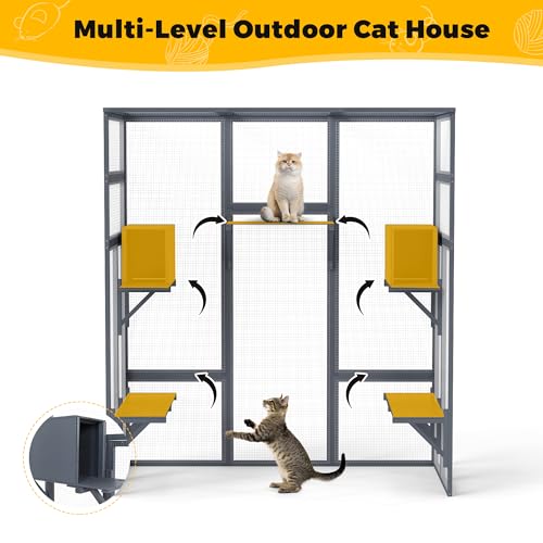 COZIWOW Weatherproof Wooden Multi-Level Indoor Outdoor Cat Enclosure | Multi jump platforms, resting boxes, lockable door, multi-pet compatible, weatherproof wood, easy assemble & clean