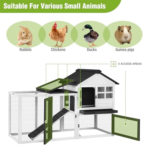 Outdoor Rabbit Hutch with Run, 2-Tier Fir Wood Bunny Cage, Waterproof Roof, Pull-Out Tray, Secure Latches, 51.6 x 20.8 x 36.2 in, Black - color: White, size: 51.6"L x 20.8"W x 36.2"H
