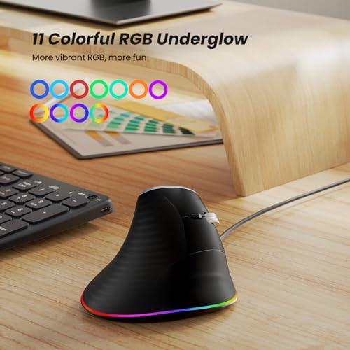 Nulea M504 Wired Vertical Mouse, USB Optical Ergonomic Mouse Wired with 4 Adjustable DPI, 11 RGB Backlight Modes, Compatible for Laptop, PC, Desktop, Mac, Black - color: B-Black