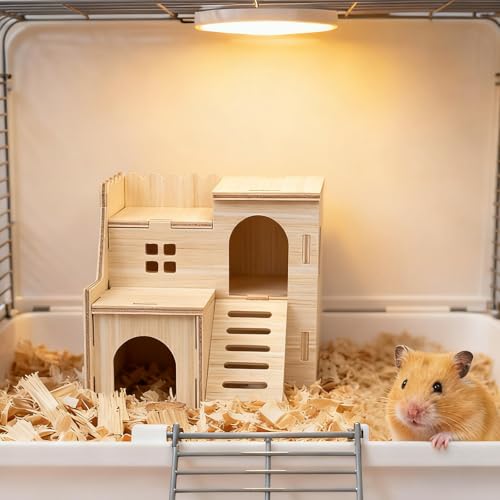 Penitue Wooden Hamster Hideout House with Ladder, Double-Decker Hamster Maze Wood Hut Detachable Small Animal Cage Habitat for Dwarf Hamsters Gerbils Mice Rats (Not for Large Pets)