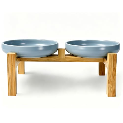 Shallow Elevated Cat Bowls with Bamboo Stand, 6.1 Inch Wide Ceramic Cat Dish Whisker Friendly, 2 Pack Pet Food and Water Plates - color: Grey elevated