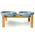 Shallow Elevated Cat Bowls with Bamboo Stand, 6.1 Inch Wide Ceramic Cat Dish Whisker Friendly, 2 Pack Pet Food and Water Plates - color: Grey elevated