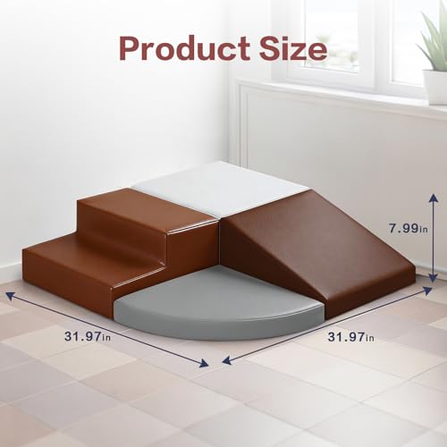 Sumbababy Toddler Climbing Foam Blocks: 4 PCS Waterproof PU Leather Playset - Soft Climber for Kids - Fun Indoor Playground for Girls - Great Preschool & Daycare Gift - style: Coffee/Brown