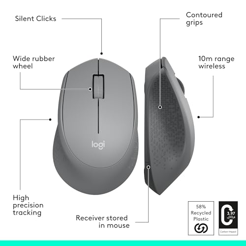 Logitech M330 Silent Plus Full Size 2.4 GHz Wireless Mouse - Grey | Silent, lightweight, 2.4 GHz USB-A Nano Receiver, 1000 dpi optical tracking, 2-year battery life, PC, Mac, laptop compatible - color: Grey