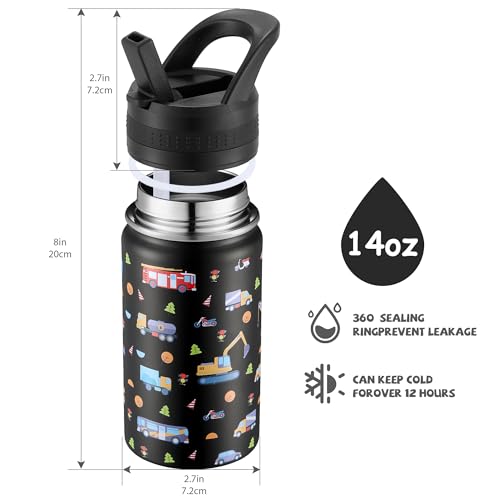 14 Oz Kids Water Bottle, Stainless Steel Water Bottle with Straws, Leak-Proof, BPA-Free, Insulated Water Bottles for School Boys & Girls|Black Car - color: Black cartoon car