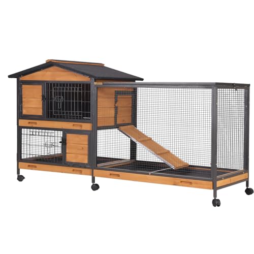 GUTINNEEN 60.8 in Rabbit Hutch with Wheels, 2-Level Wooden Small Animal Cage with 6 Lockable Doors, 3 Compartments & Pull-Out Trays, Indoor Rabbit Enclosure - color: Orange