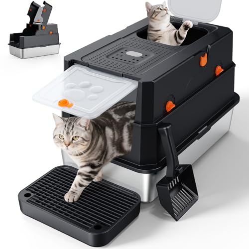 FURTIME Stainless Steel Litter Box with Lid, Enclosed Metal Cat Litter Box | XL Extra Large, Cat Box with High Sided Enclosure & Scoop, Big Cats, Front & Top Entry, Odor Free, Anti-Leakage, Black - color: Black, size: X-large