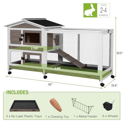 Gutinneen Large Indoor Rabbit Hutch Bunny Cage with Chew-Proof Ramp, Locking Leak-Proof Trays - Outdoor 62" Wooden Rabbit Cage with 6 Wheels for Rabbits, Guinea Pigs, Small Animals (Brown)