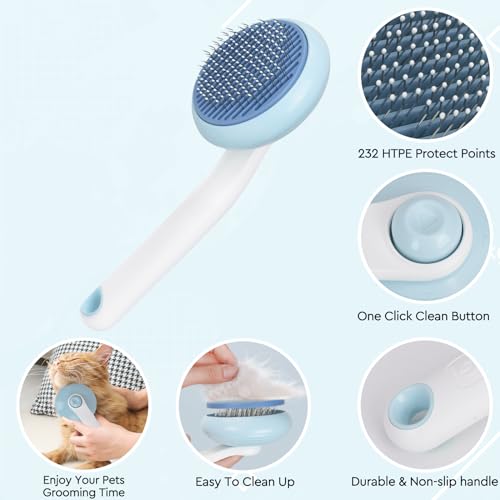 Cat Grooming Glove Brush, Self-Cleaning Slicker Pet Brush | Dog Bath Brush for Shedding and Grooming, Removes Loose Hair and Tangles for Short and Long Haired Pets, Blue