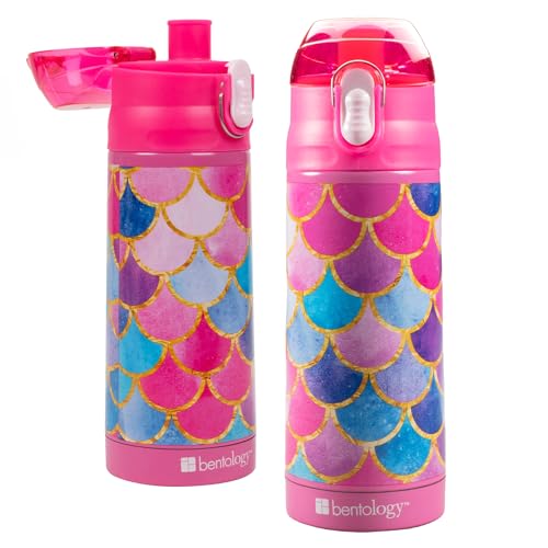 Bentology Stainless Steel 13 Oz Reusable Water Bottle for Kids, Mermaid | Double Wall Insulated, Spill Proof Lid W/Built-in Straw- Keep Liquids Hot or Cold- Easily Fits in Lunch Boxes & Bags - color: Mermaid