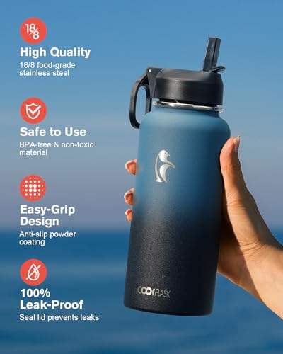 Coolflask 32 oz Water Bottle Insulated with Straw & 3 Leakproof Lids | Water Flask Stainless Steel Triple-Wall Vacuum,Cold 48+h, Dishwasher Safe,Wide Mouth,BPA-Free,Carrier Bag,for Gym,Hiking - color: Samurai Cyan, size: 32 Ounces