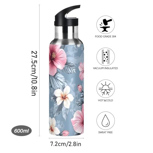 Pink Hibiscus Flower Water Bottle Girls with Straw Lid | Stainless Steel Water Bottle Leak Proof Boys Girls Insulated Tumbler Cup for School 20 oz - color: Multi24
