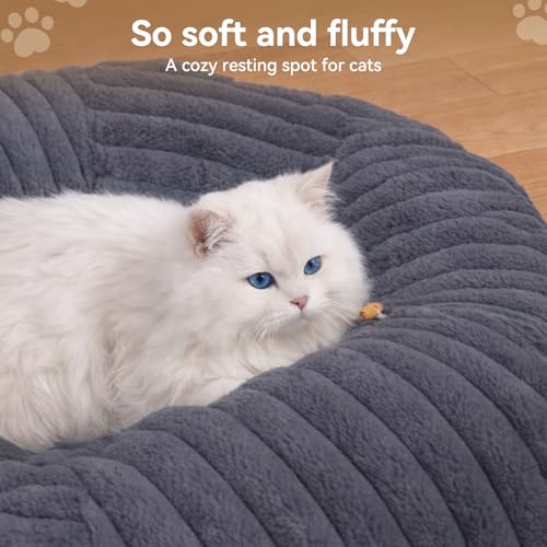 Dogpals Cat Tunnel Bed Cave 33" Lx10 Wx10 H for Indoor Cats | Washable Cozy Cushion, Soft Striped Plush Fabric, Hideaway Peekaboo Cave for Kittens, Puppies, Rabbits & Small Pets - color: Deep Grey