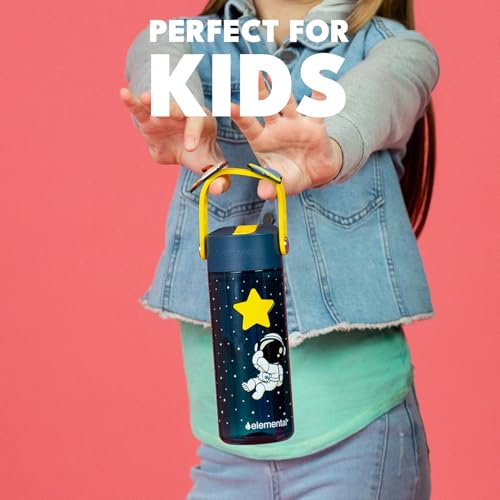 Elemental Water Bottles for Kids - Splash Kids Water Bottle for School with Fun Charm Handle - BPA Free Tritan Plastic Bottle with Straw Leak Proof When Spout is Closed - 18oz - Little Astronaut - color: Little Astronaut