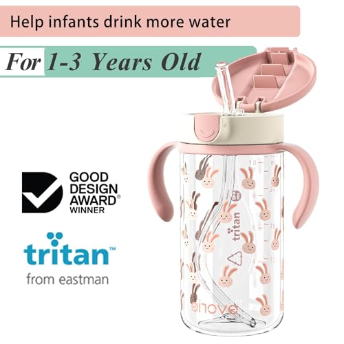 Evorie Tritan Spill Proof Straw Sippy Cups for Toddlers 1–3 Years, 10 Oz | BPA & BPS-Free, Toddler water bottle, Easy grip handles, Dishwasher safe, Durable Tritan, Easy to clean, Pink Rabbit - color: Pink Rabbit
