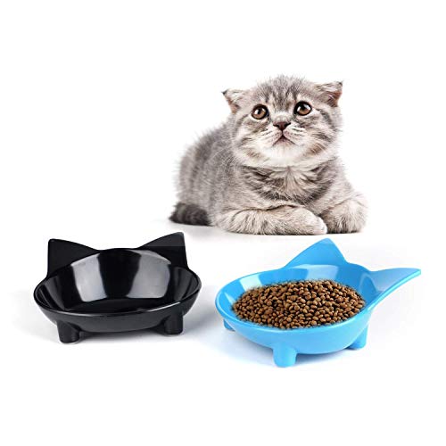 Set of 2 Non-Slip Cat & Dog Bowls – Wide, Shallow Food and Water Dishes for Whisker Fatigue Relief, No Spill, Safe Food-Grade Pet Bowls for Cats, Small Dogs, Kittens, Puppies & Rabbits - color: Blue+Black