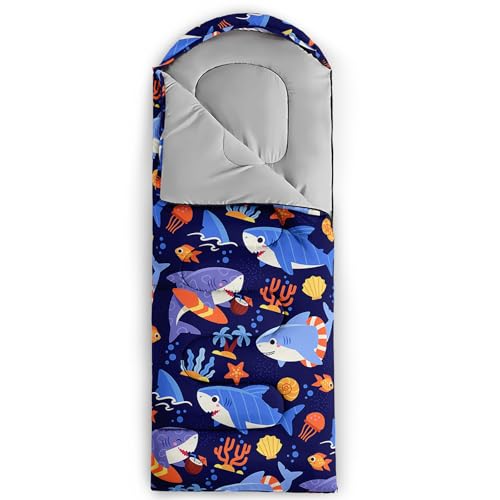 QOOMO Camping Sleeping Bags,3 Season Warm & Cool Weather,Lightweight,Waterproof Sleeping Bags for Adults & Kids,Traveling,and Outdoors,Camping Gear Equipment - color: cartoon shark