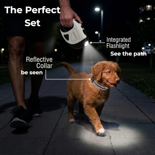 Retractable Dog Leash with LED Flashlight (2 AAA Batteries Incl) & Reflective Padded Dog Collar -10ft Tangle-Free Heavy Duty Leash Set for Night Walking Safety-Puppy Essentials (Up to 44lbs)