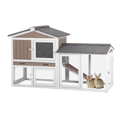Outdoor Rabbit Hutch with No-Leak Plastic Tray, Expandable Chicken Coop, Large Run Space for Bunny, Guinea Pig, Duck, and Small Animals - color: Brown