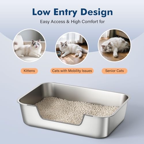 Qiuma Stainless Steel Cat Litter Box with Low Entry, Large Metal Kitty Litter Box for Senior or Injured Cats, Odor-Free, Non-Stick, Easy to Clean, 23.4"x15.6"x7.8", for Multiple Cats - size: 23.4"L x 15.6"W x 7.8"H